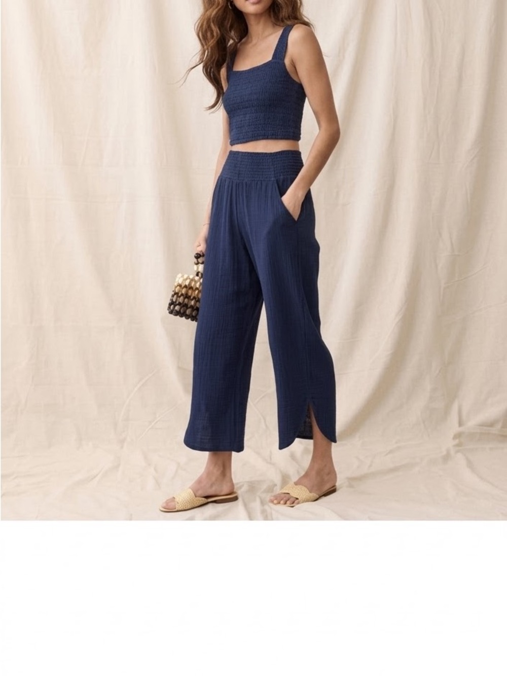 Marine Layer Navy Blue Cali Double Cloth Smocked Waist Wide-Leg Crop Pants large